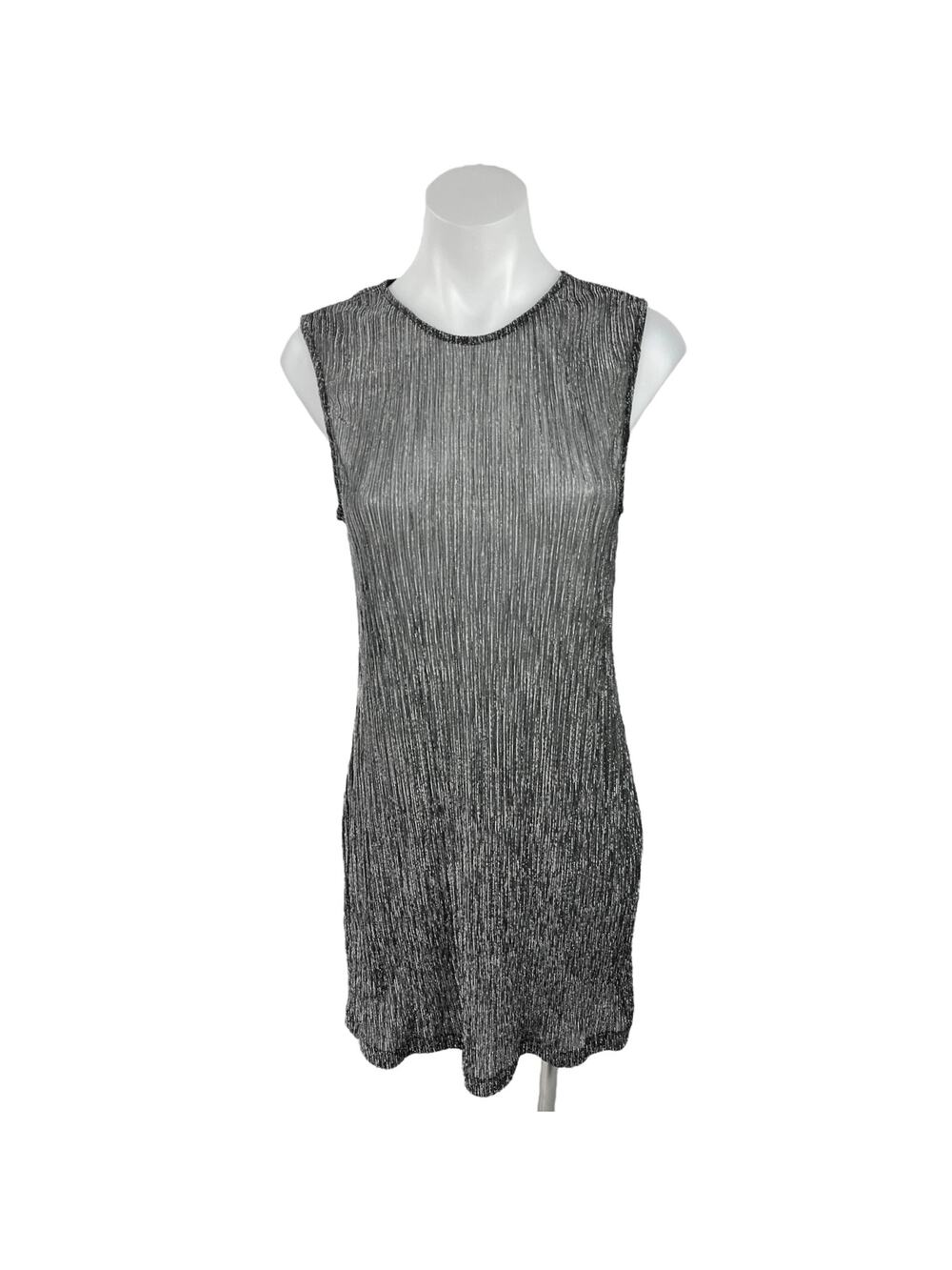 BCBGeneration Silver Metallic Semi Sheer Plisse Sleeveless Mini Shift Dress S